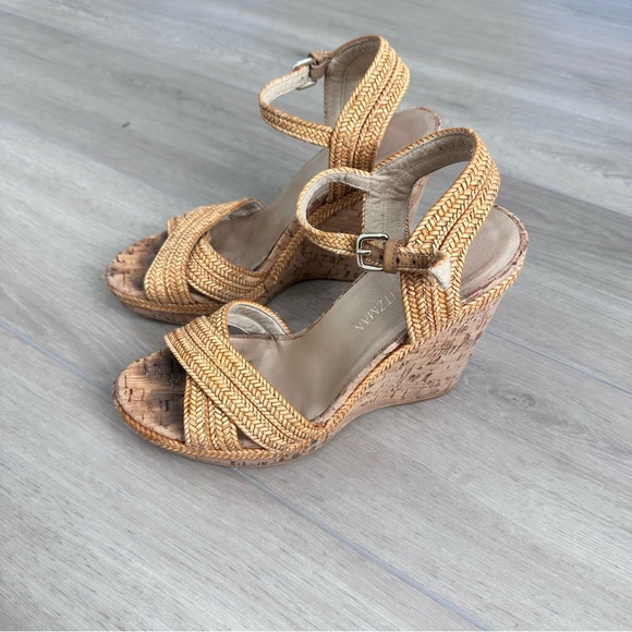 Stuart WEITZMAN minx wedge sandal in camel woven leather beige gold size 8 - Picture 5 of 11